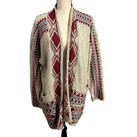 Lucky Brand | Women's Boho Festival Aztec Long Line Open Front Cardigan Sz L - Picture 1 of 5
